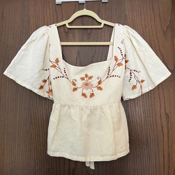 Free People Tops - For Love of the Moon Embroidered Floral Flutter Sleeve Top